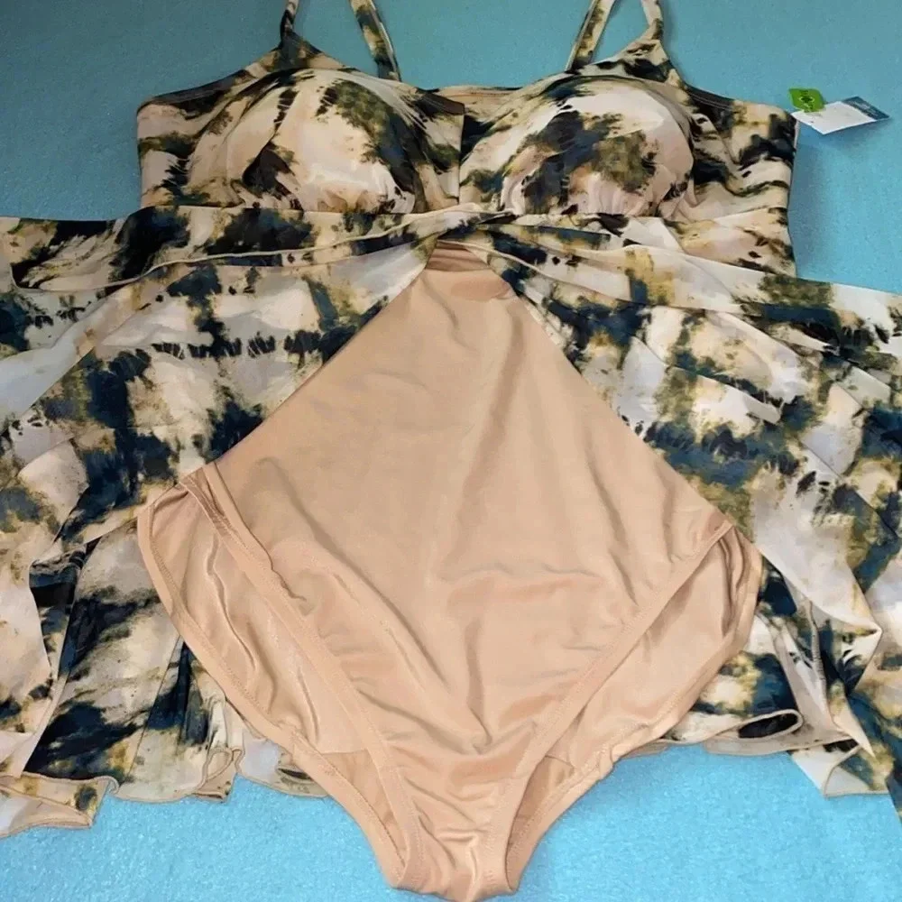 SWIM BY CACIQUE Fly Away tie dye print style swim dress faux wrap NEW size 28